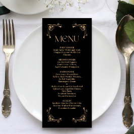 Moderne Deco | Elegante schwarze und goldene Hochz Menükarte