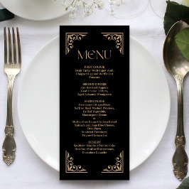 Moderne Deco | Elegante schwarze und goldene Hochz Menükarte