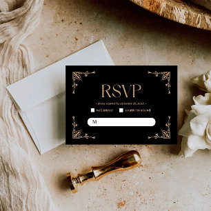 Moderne Deco Elegante schwarze und goldene Hochz RSVP Karte