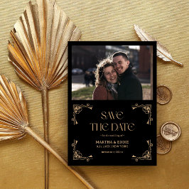 Moderne Deco | Faux Gold und schwarze Foto-Hochzei Save The Date