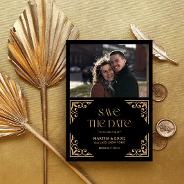 Moderne Deco | Faux Gold und schwarze Foto-Hochzei Save The Date