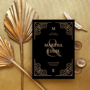 Moderne Deco   Schwarze und goldene Foto-Rückwand- Save The Date