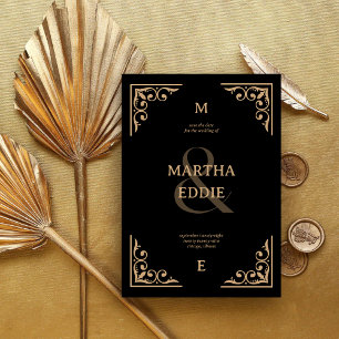 Moderne Deco   Schwarze und goldene Fotohintergrun Save The Date