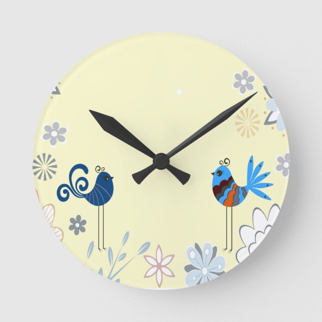 Moderne dekorative Blauvögel Runde Wanduhr (Vorderseite)