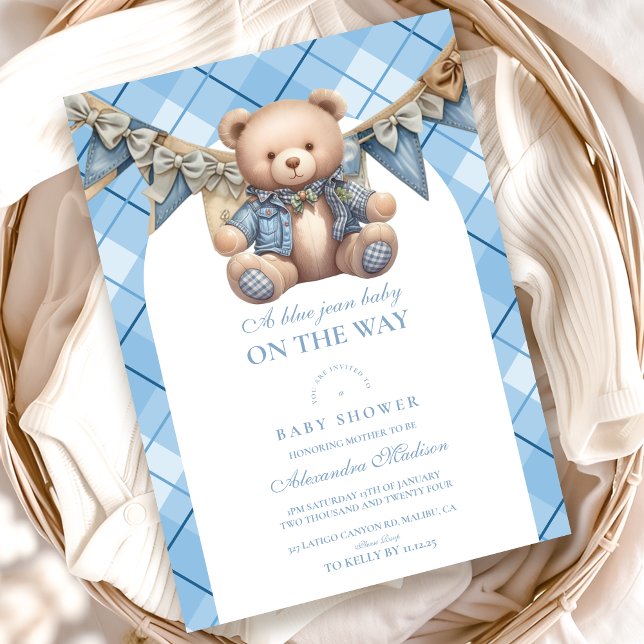 Moderne Denim Teddy Bear Baby Dusche Einladung (Von Creator hochgeladen)