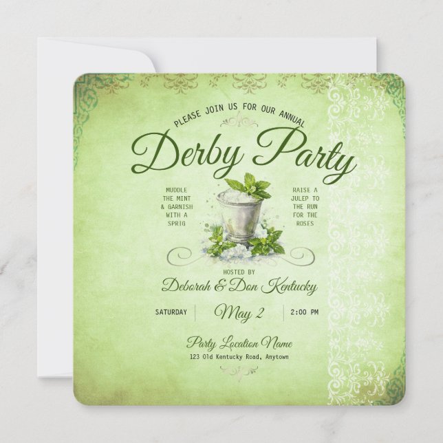 Moderne Derby-Party-Aquarell-Mint-Julep-Eleganz Einladung (Vorderseite)