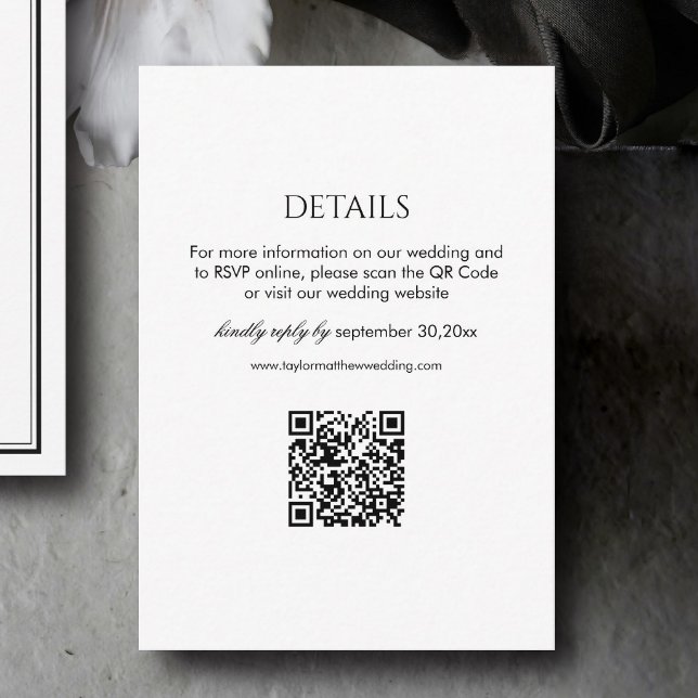 Moderne Details für Hochzeiten in Schwarz-Weiß QR- Begleitkarte (Von Creator hochgeladen)
