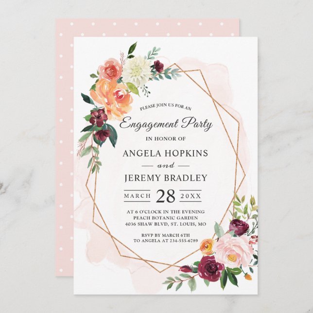 Moderne Diamant Frame Blush Floral Engagement Part Einladung (Vorne/Hinten)