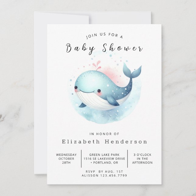 Moderne Digital Whale Baby Dusche Einladung (Vorderseite)