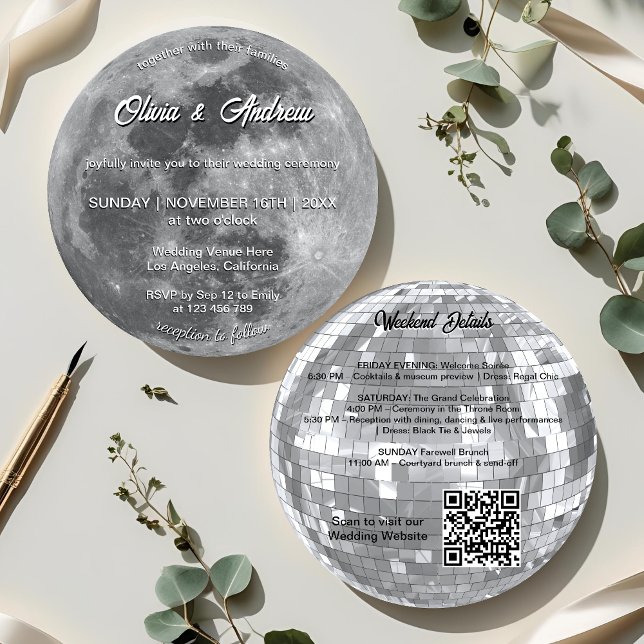 Moderne Disco Ball QR Code Vollmond Hochzeit Einladung (Von Creator hochgeladen)