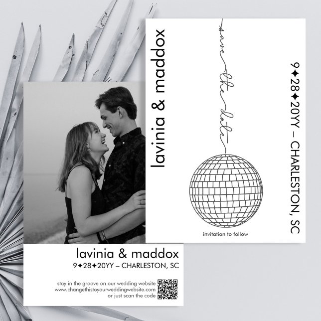 Moderne Disco Black and White Foto QR Code Hochzei Save The Date (Modern elegant disco wedding save the date in black and white with your photo and wedding website QR)