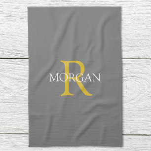 Moderne DIY-Monogramm & Name, Gold-/Weiß-Text, Gra Geschirrtuch