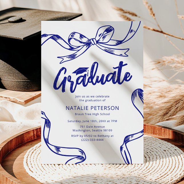 Moderne Doodle Blue Bow Graduation Party Einladung (Von Creator hochgeladen)