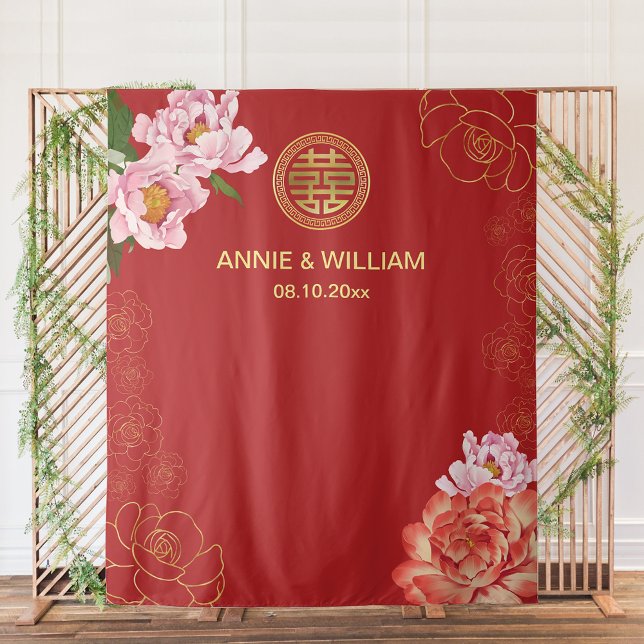 Moderne Double Xi Chinesischer Hochzeitstil Wandteppich (Modern Double Happiness Chinese Wedding Photo Prop Backdrop)