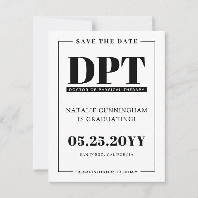 Moderne DPT Abschluss Save the Date Card Ankündigung (Vorderseite)