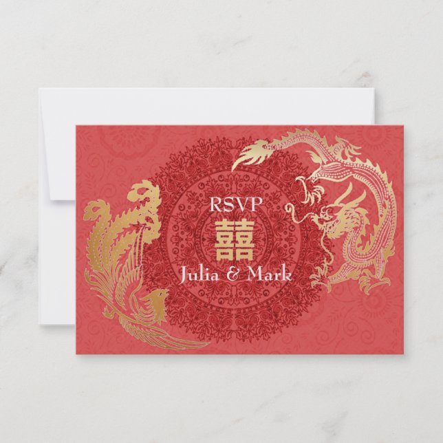Moderne Dragon-Phoenix-Chinesische Hochzeit RSVP R (Vorderseite)