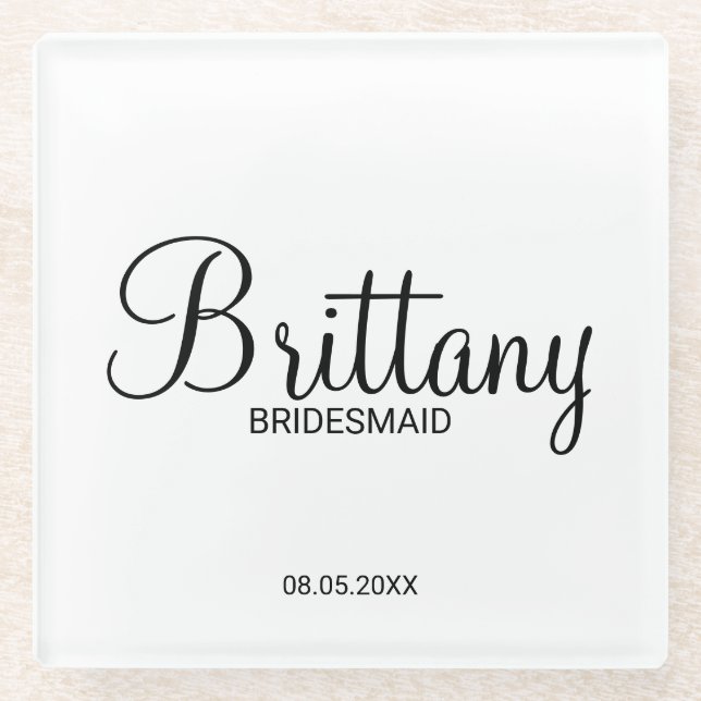 Moderne Drehbuch Personalisierte Bridesmaier Glasuntersetzer (Vorderseite)