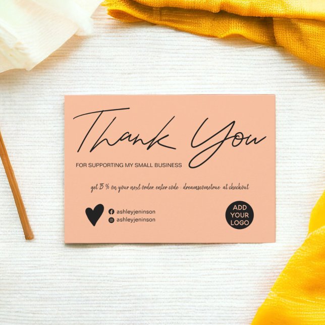 Moderne Drehbuch schwarz und pfirsichfarben Auftra Dankeskarte (Modern script black and peach order thank you)