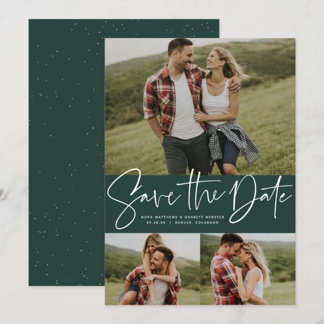 Moderne Drehbuch-Trend drei Foto grün Save The Date (Vorne/Hinten)