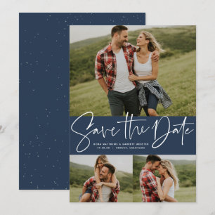 Moderne Drehbuch-Trend Drei-Foto-Marine Save The Date
