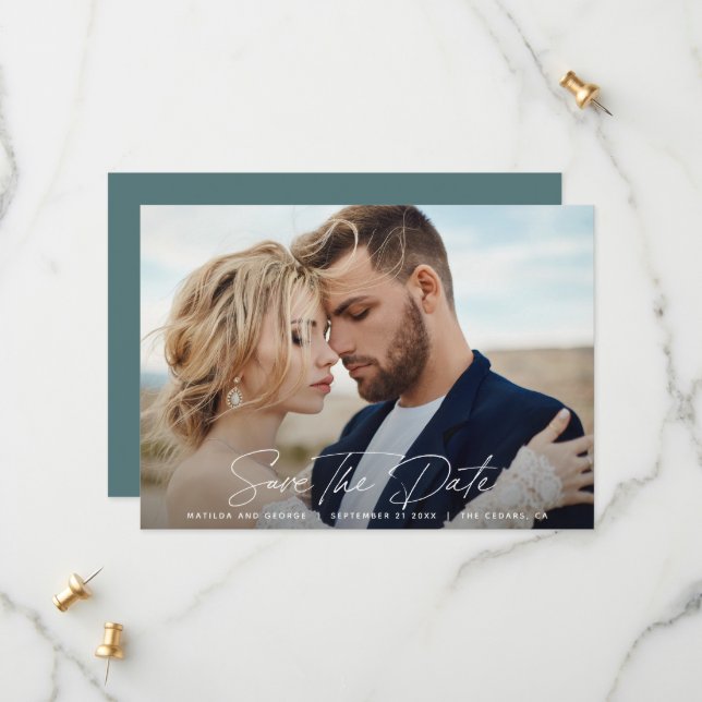 Moderne Drehbuchhochzeit Save The Date (Vorderseite/Rückseite Beispiel)