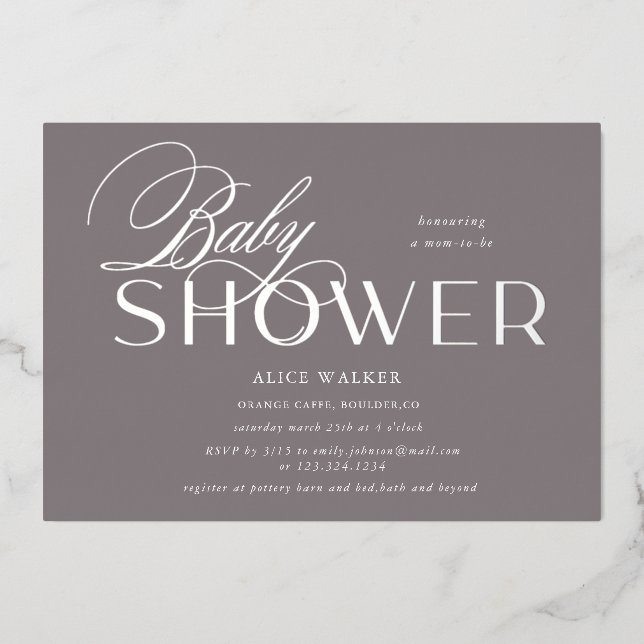 Moderne Drehbuchreihe für elegante Babydusche Folieneinladung (Vorderseite)