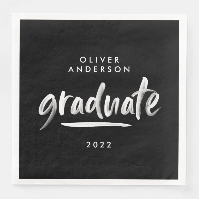 Moderne Drehbuchtypografie Black Graduation Party Serviette (Vorderseite)