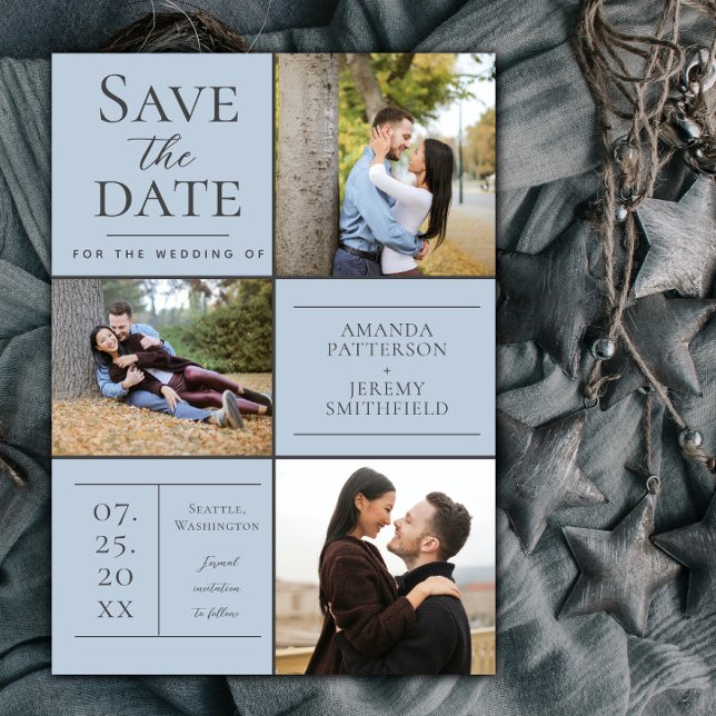 Moderne Drei-Foto Collage | Blau Save the Date (Blue Modern Three Photo Collage Save the Date)