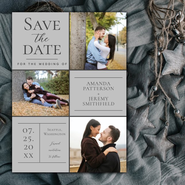 Moderne Drei-Foto Collage | Grau Save the Date (Light Gray Modern Three Photo Collage Save the Date)