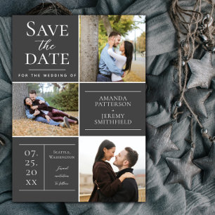 Moderne Drei-Foto Collage Grau Save the Date