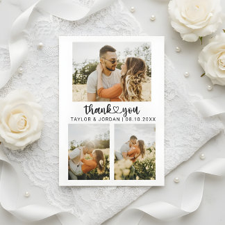 Moderne Drei-Foto-Collage Herz-Schrift Hochzeit Dankeskarte