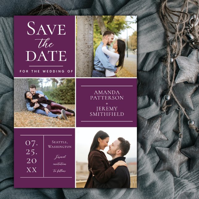 Moderne Drei-Foto Collage | Magenta Save The Date (Magenta Modern Three Photo Collage Save the Date)
