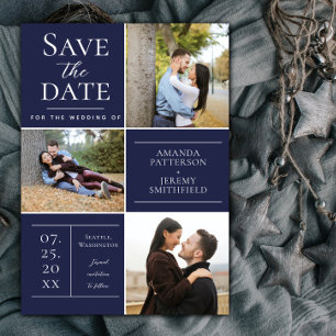 Moderne Drei-Foto Collage Marineblau Save The Date