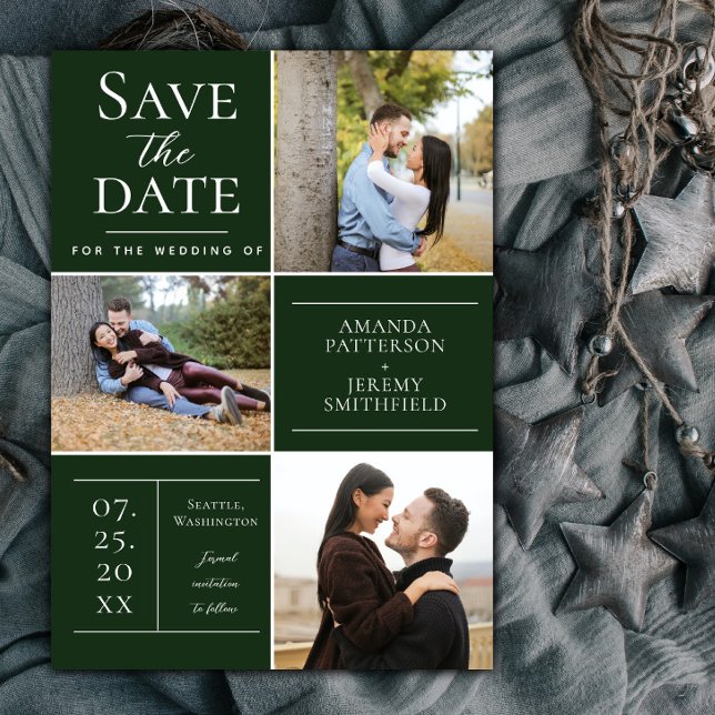 Moderne Drei-Foto Collage | Smaragdgrün Save The Date (Emerald Green Modern Three Photo Collage Save the Date)