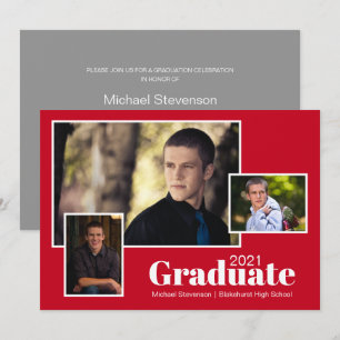 Moderne Drei-Foto-Grau- und Rote-Graduierungsparte Einladung