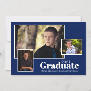 Moderne Drei-Foto-Navy Blue Graduation Party Einladung