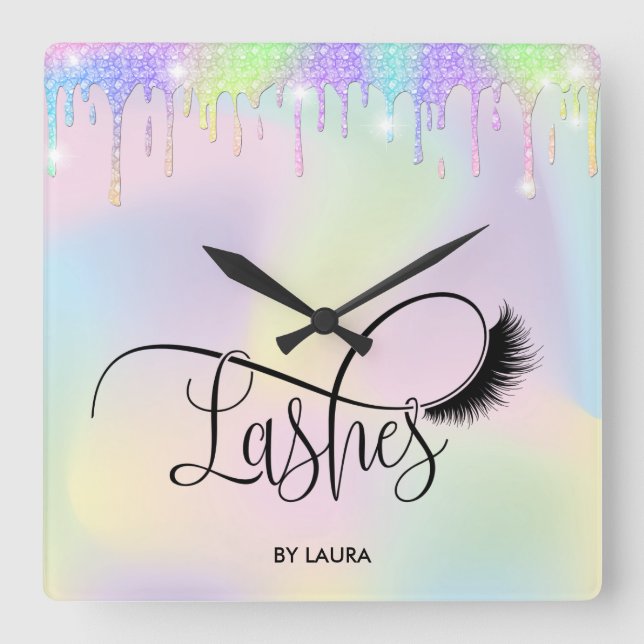 Moderne Drilling Holograph Foil Lashes Augen Quadratische Wanduhr (Vorderseite)