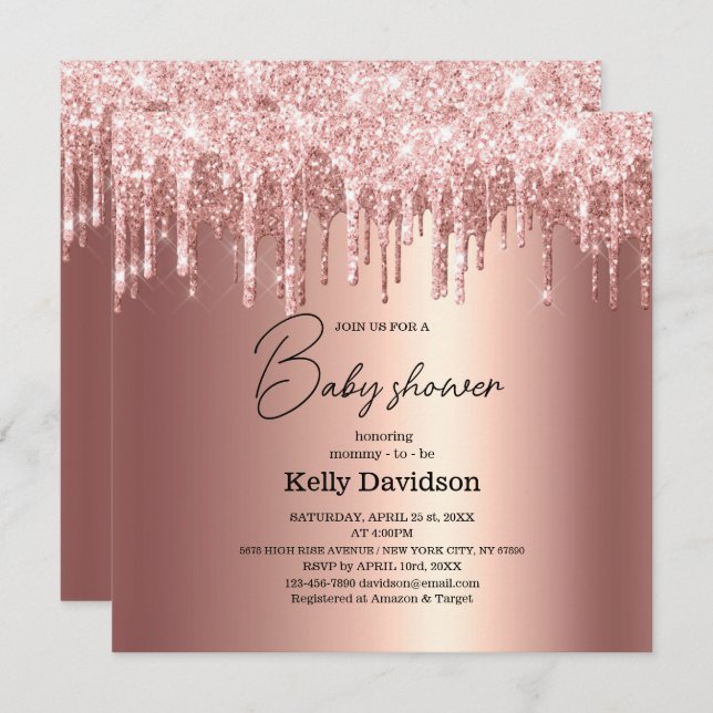 Moderne Dripping Rose Gold Baby Shower Mommy - to  Einladung (Vorne/Hinten)