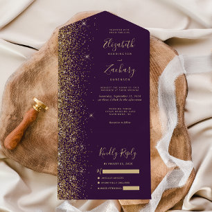 Moderne dunkel violette goldene Glitter-Hochzeit All In One Einladung