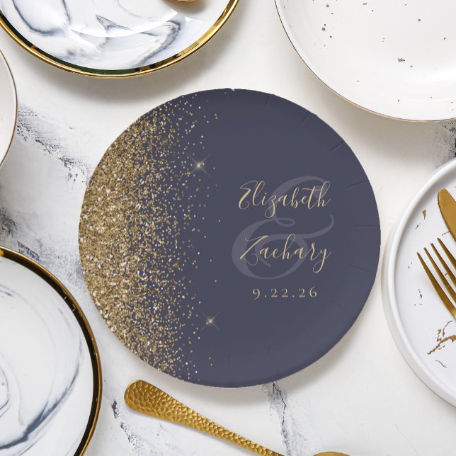 Moderne Dunkelblau-Gold-Glitzer-Edge-Hochzeit Pappteller (Von Creator hochgeladen)