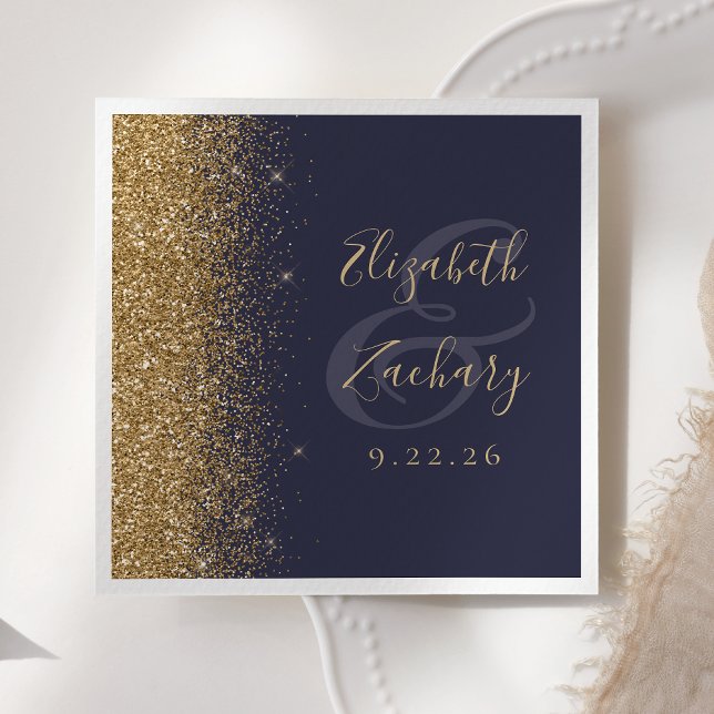 Moderne Dunkelblau-Gold-Glitzer-Edge-Hochzeit Serviette (Von Creator hochgeladen)