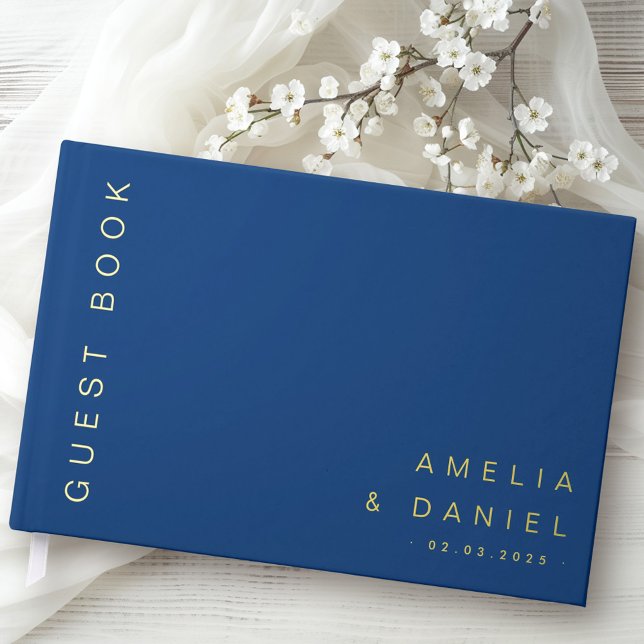 Moderne dunkelblaubraune Brautnamen Datumsfolie Gästebuch (Modern dark blue brown wedding names date foil guest book)