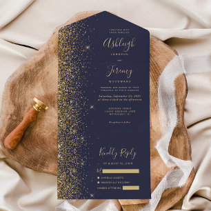Moderne dunkelblaue goldene Glitter-Hochzeit All In One Einladung