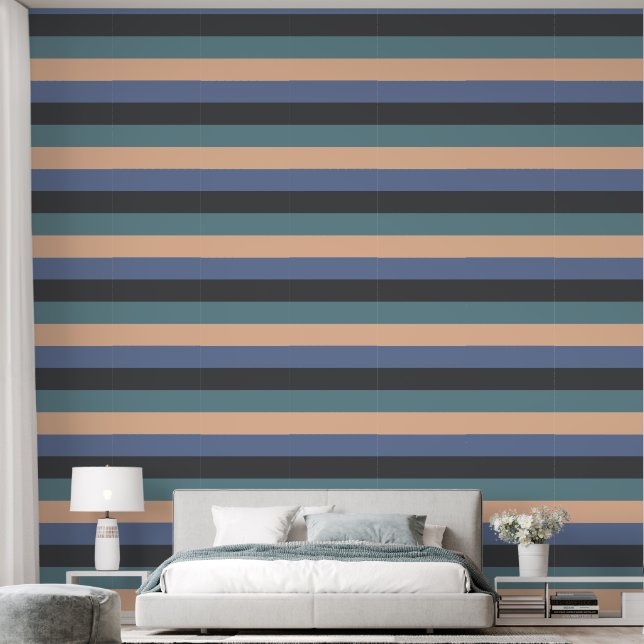 Moderne dunkelblaue graue Peach Horizontale Streif Tapete (Schlafzimmer)