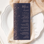 Moderne Dunkelblaue Rose Gold Glitzer Edge Wedding Menükarte<br><div class="desc">Die links Seite dieses eleganten,  modernen Hochzeitsmenüs besticht durch das Design eines Glitzer in Rose mit vergoldeten Imitaten. Der individuell anpassbare Text kombiniert blassrosa Handschrift,  Copperplate und kursivem Schriftart auf dunkelblauem Hintergrund. Auf der Rückseite ist ein passendes,  dunkelblau und Rose goldenes Glitzer-Design.</div>