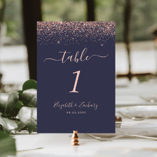 Moderne Dunkelblaue Rose Gold Glitzer Edge Wedding Tischnummer