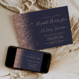 Moderne Dunkelblaue Rose Gold Glitzer Hochzeit Einladung