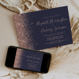 Moderne dunkelblaue Roségold Glitter-Hochzeit Einladung