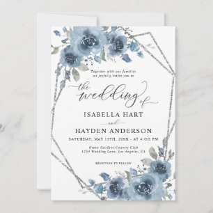 Moderne, dunkelblaue, schicke, florale Silber-Rahm Einladung