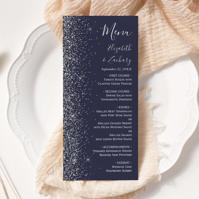 Moderne dunkelblaue Silber Glitzer Edge Wedding Menükarte (Von Creator hochgeladen)